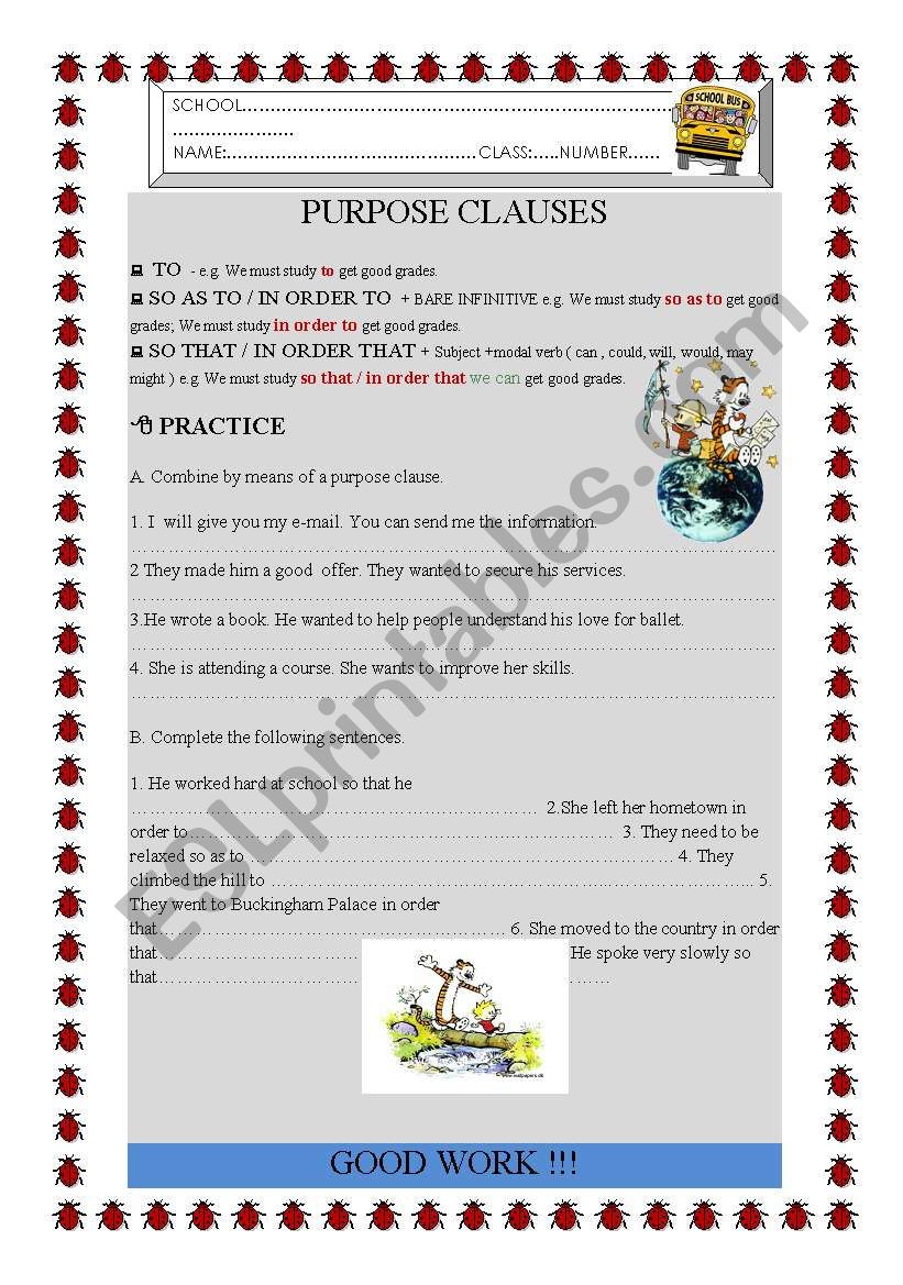 Purpose clauses worksheet