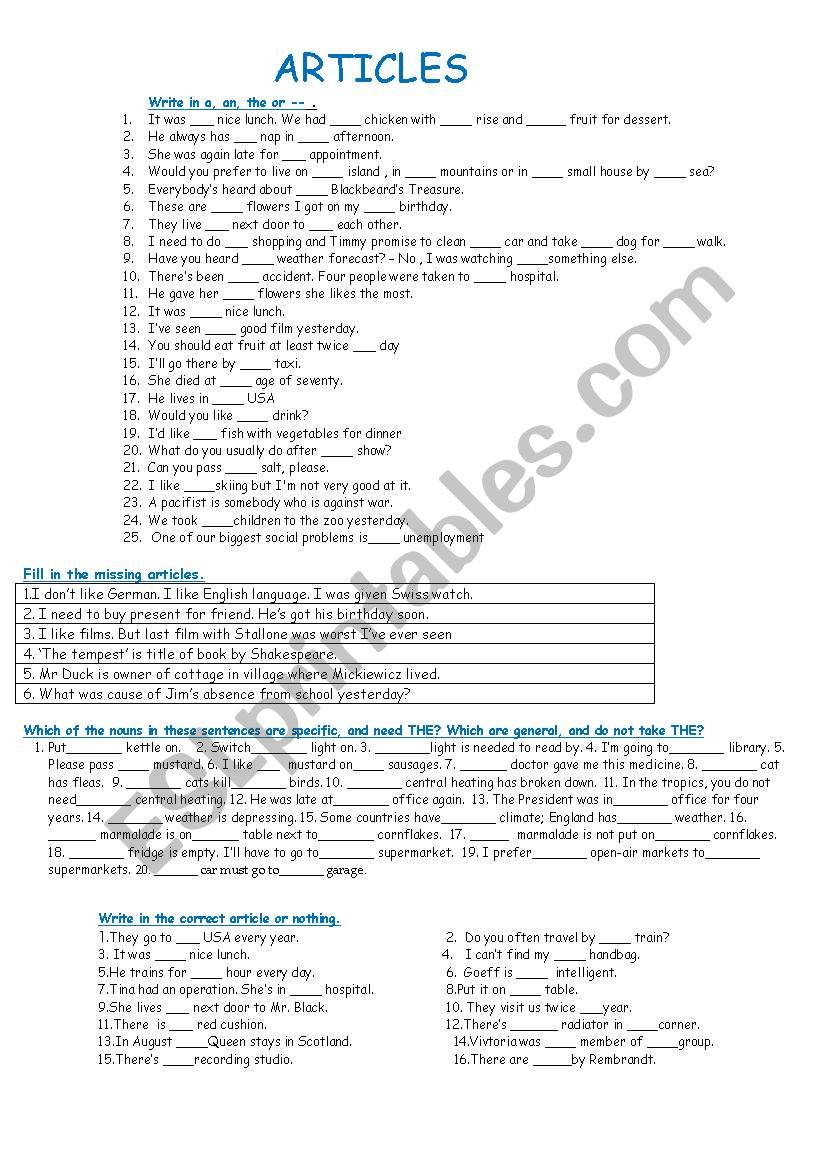 ARTICLES worksheet