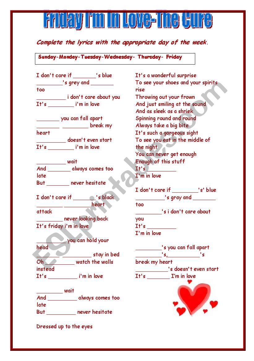 Friday Im in love-The Cure worksheet
