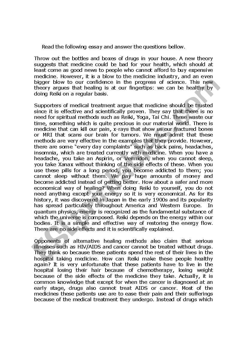 REIKI, argumentative essay worksheet