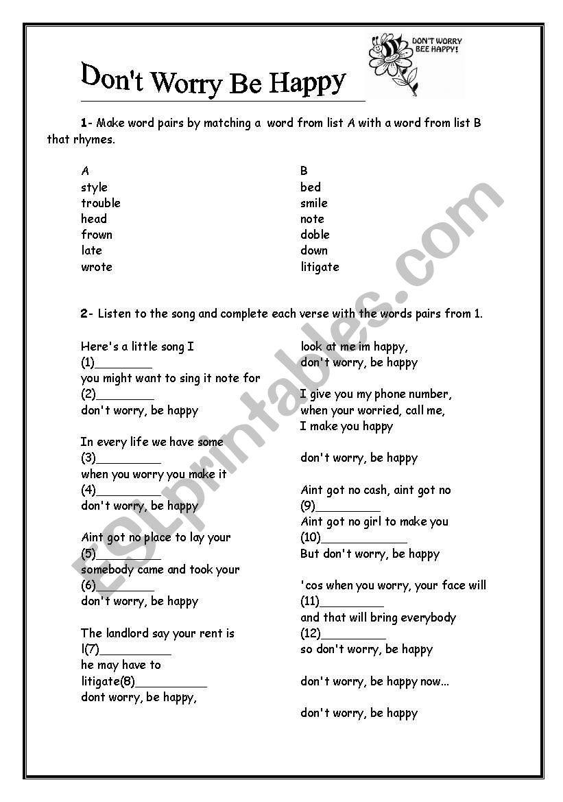 DonÂ´t worry Be happy worksheet