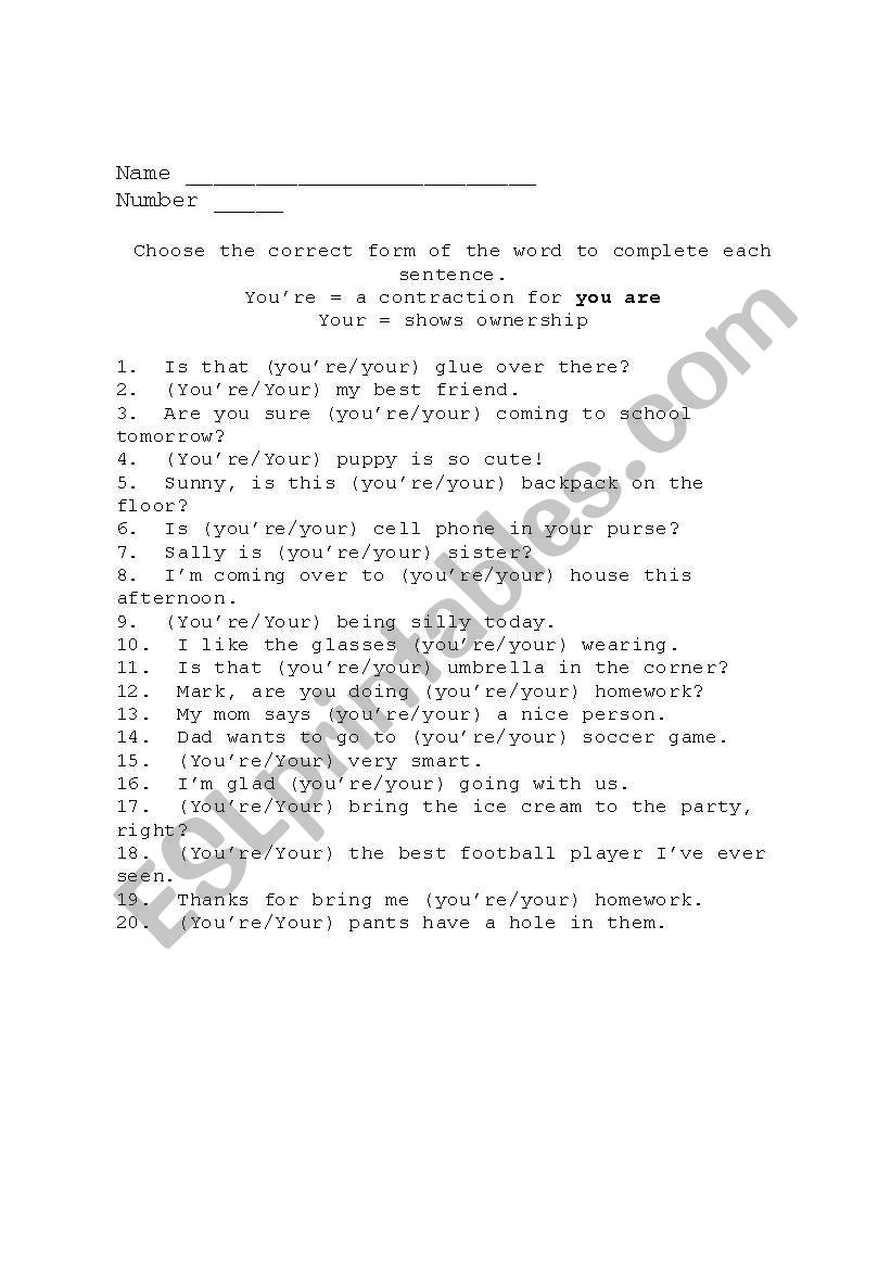 English worksheets: Your or You´re