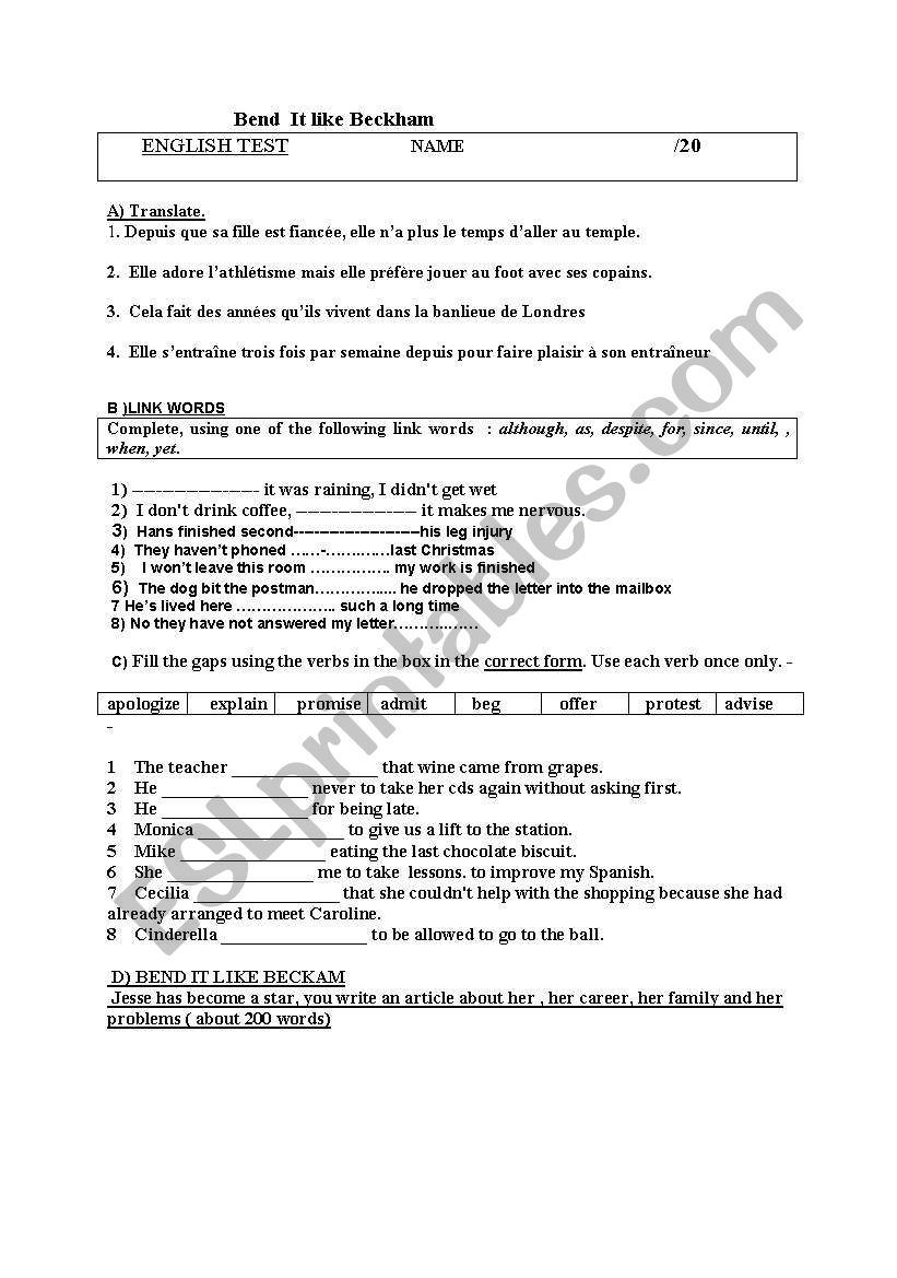 BEND IT LIKE BECKHAM worksheet