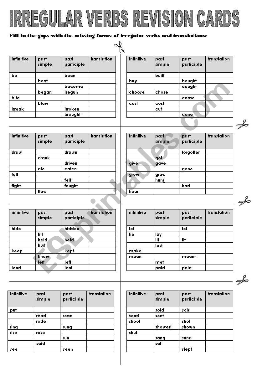 IRREGULAR VERBS REVISION (DRILLING) CARDS/elementary