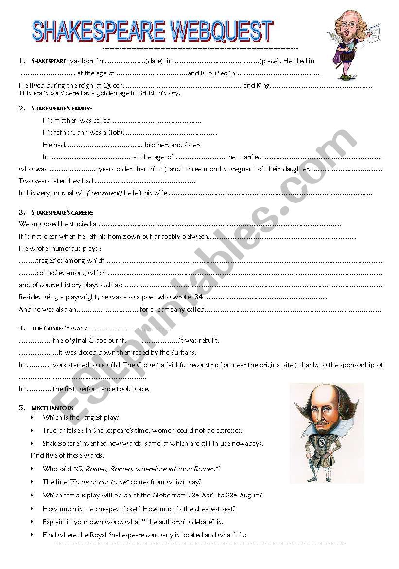 webquest Shakespeare worksheet
