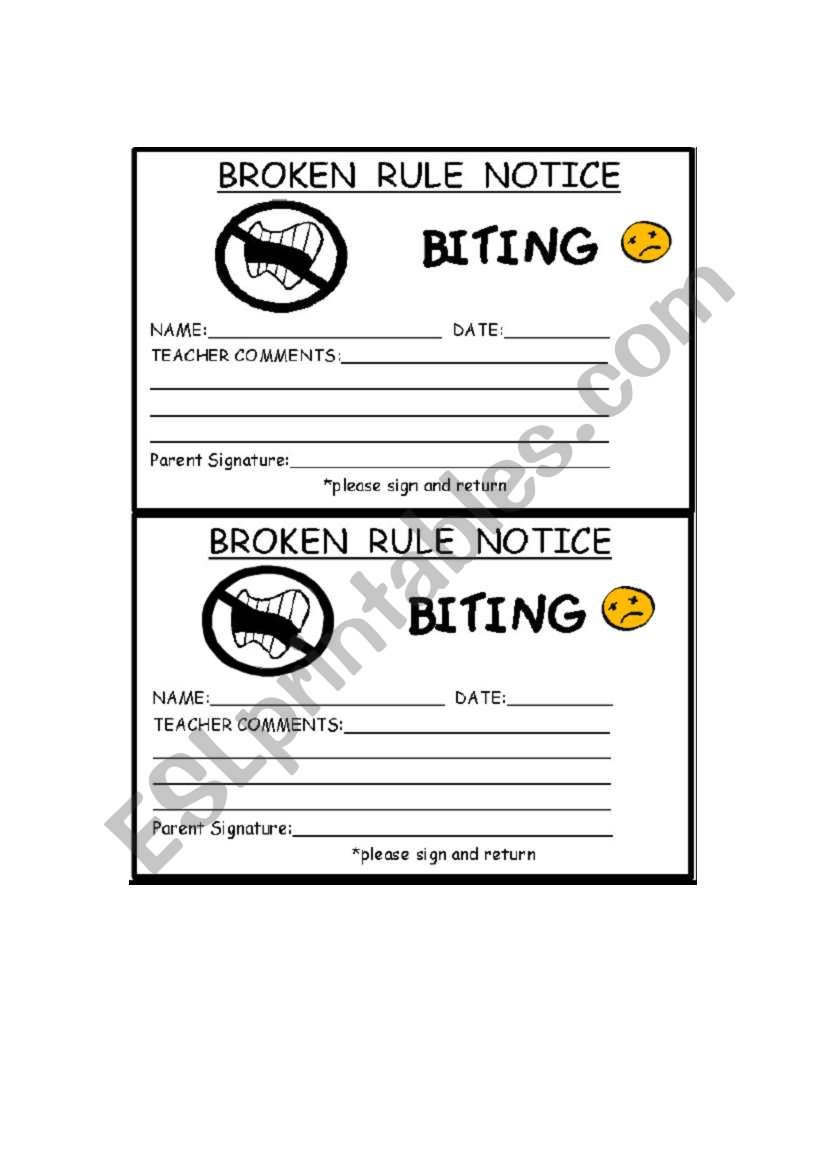 biting at school notice worksheet