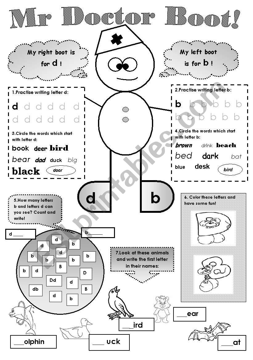 Mr DOCTOR BOOT! -  a worksheet  which can help your little learners to remember the difference betwen letters b and d!