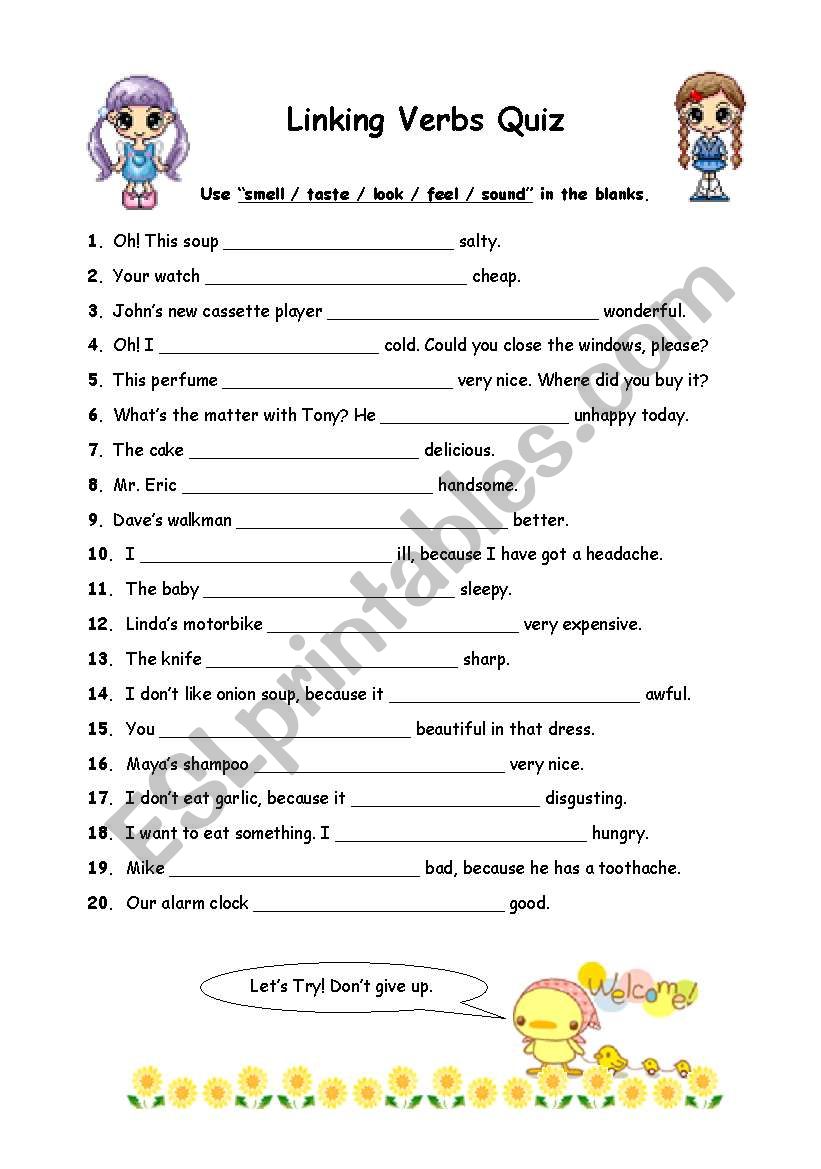 RE Linking verb Quiz  worksheet