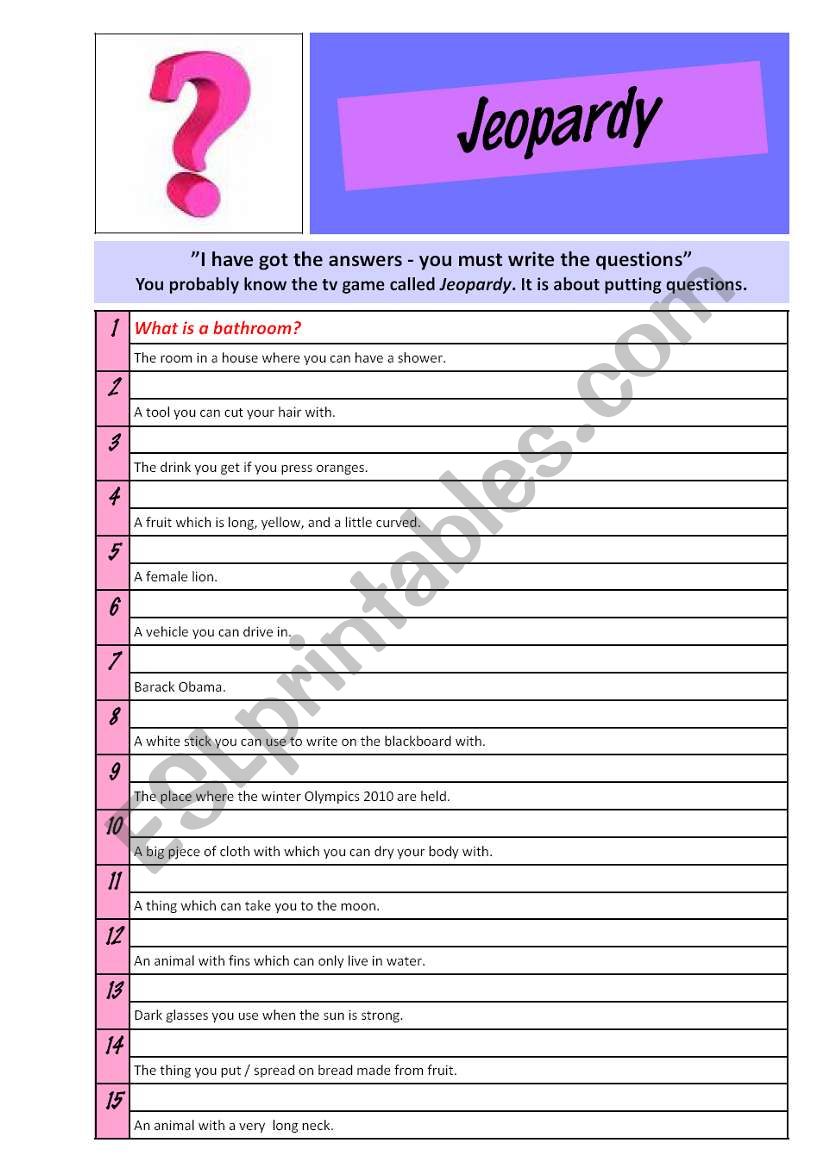 Jeopardy worksheet