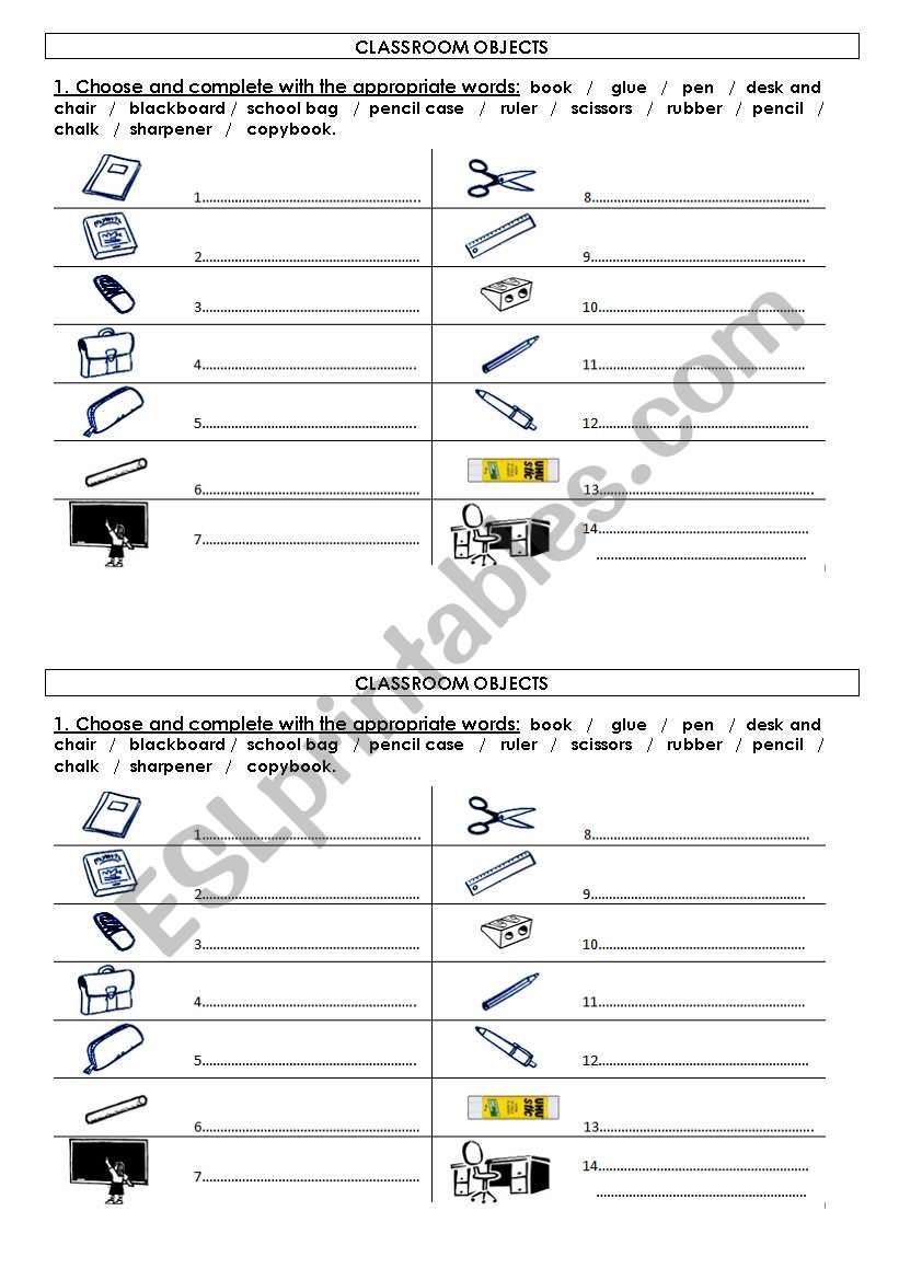 Classroom objects worksheet