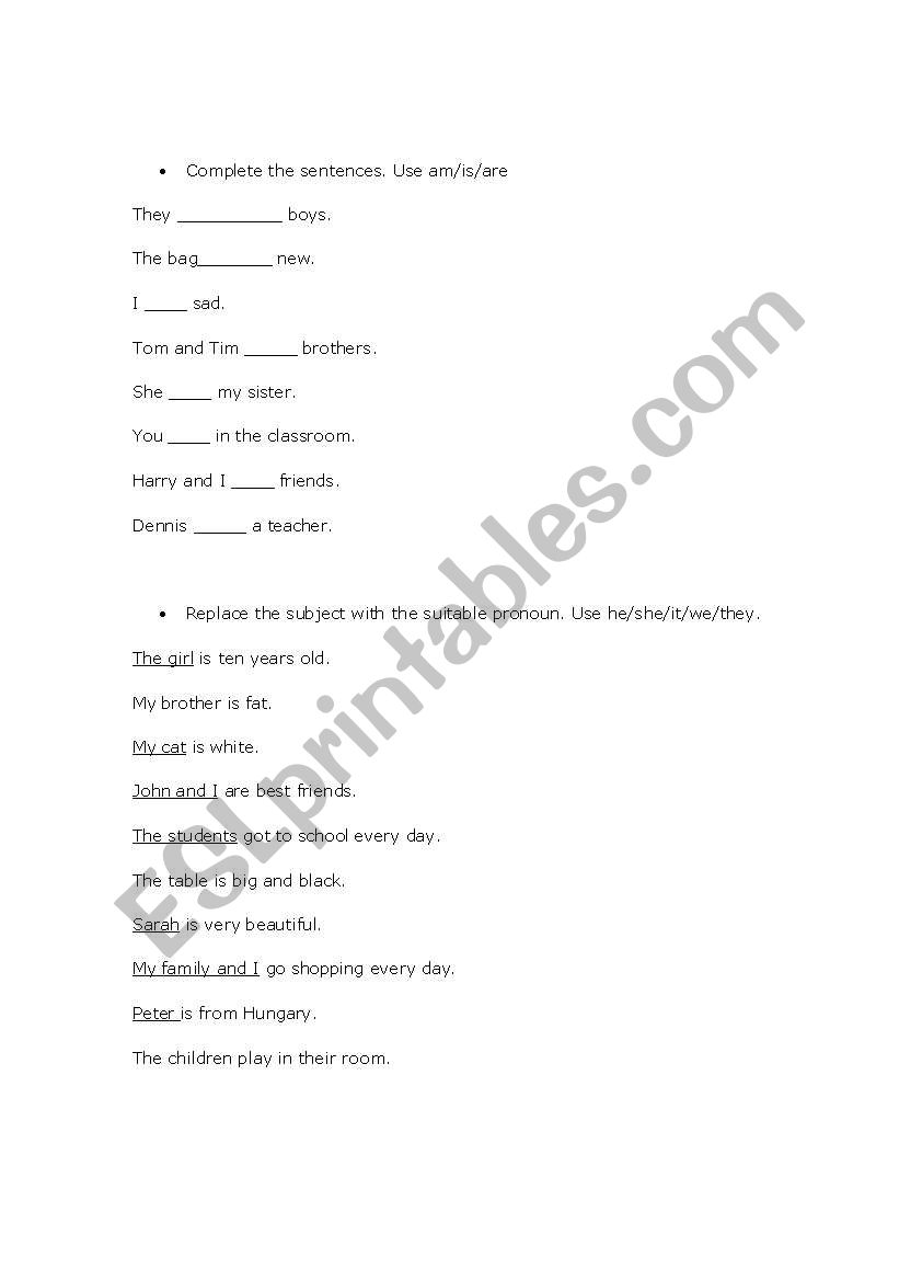 pronouns and verb to be worksheet