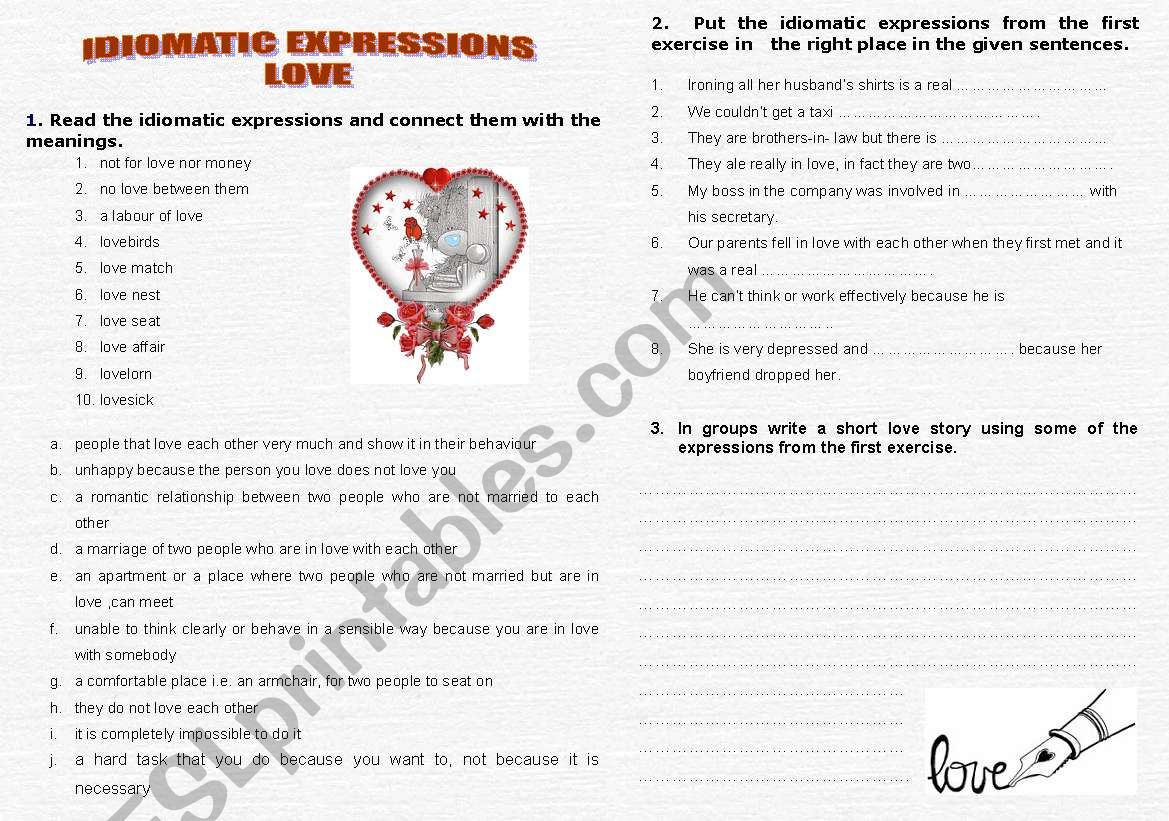 idioms about love worksheet
