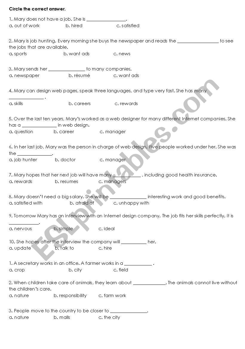 Vocabulary test worksheet