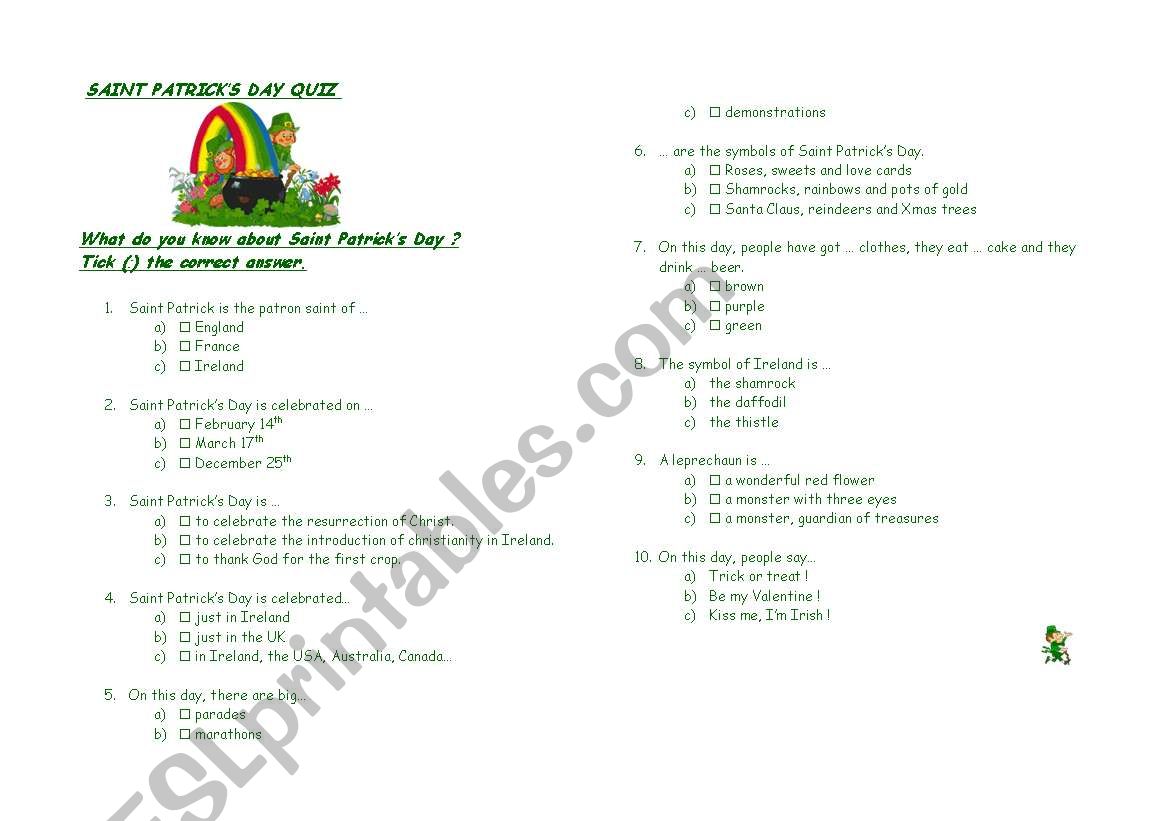 st patricks day quiz worksheet