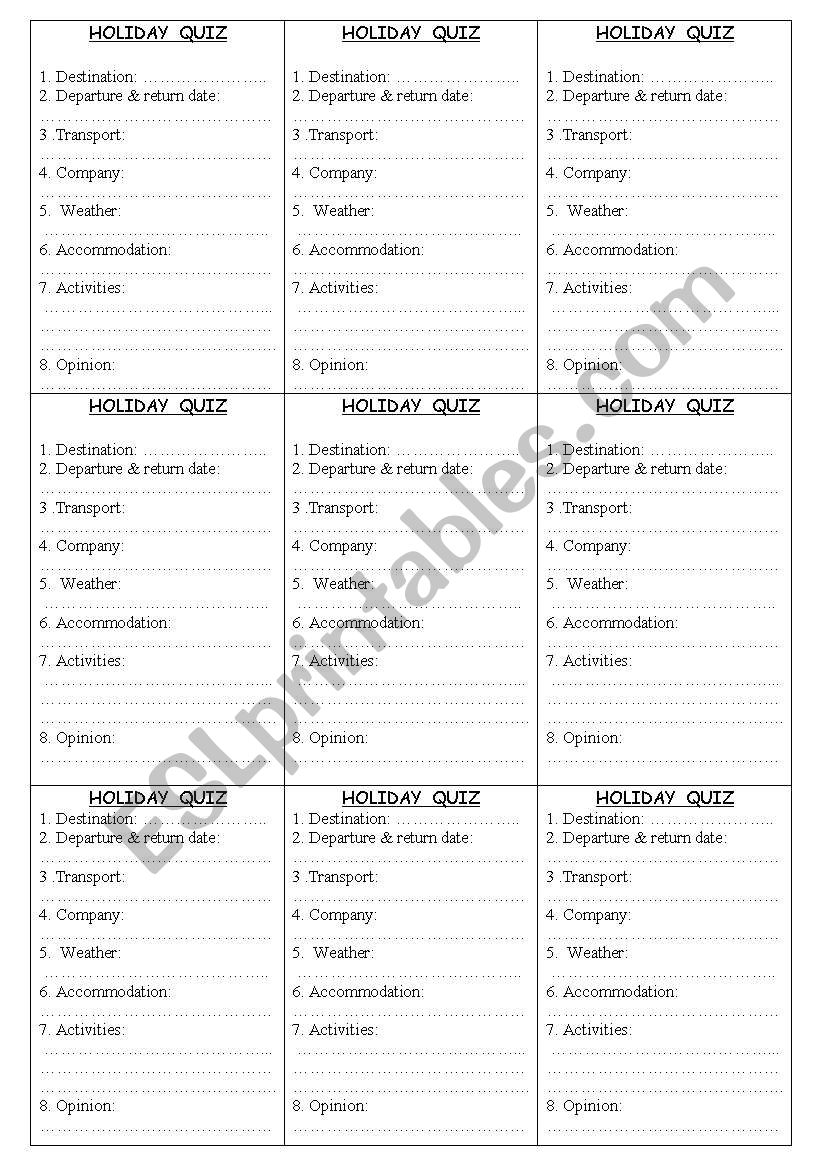 Holiday Quiz - Pairwork activity