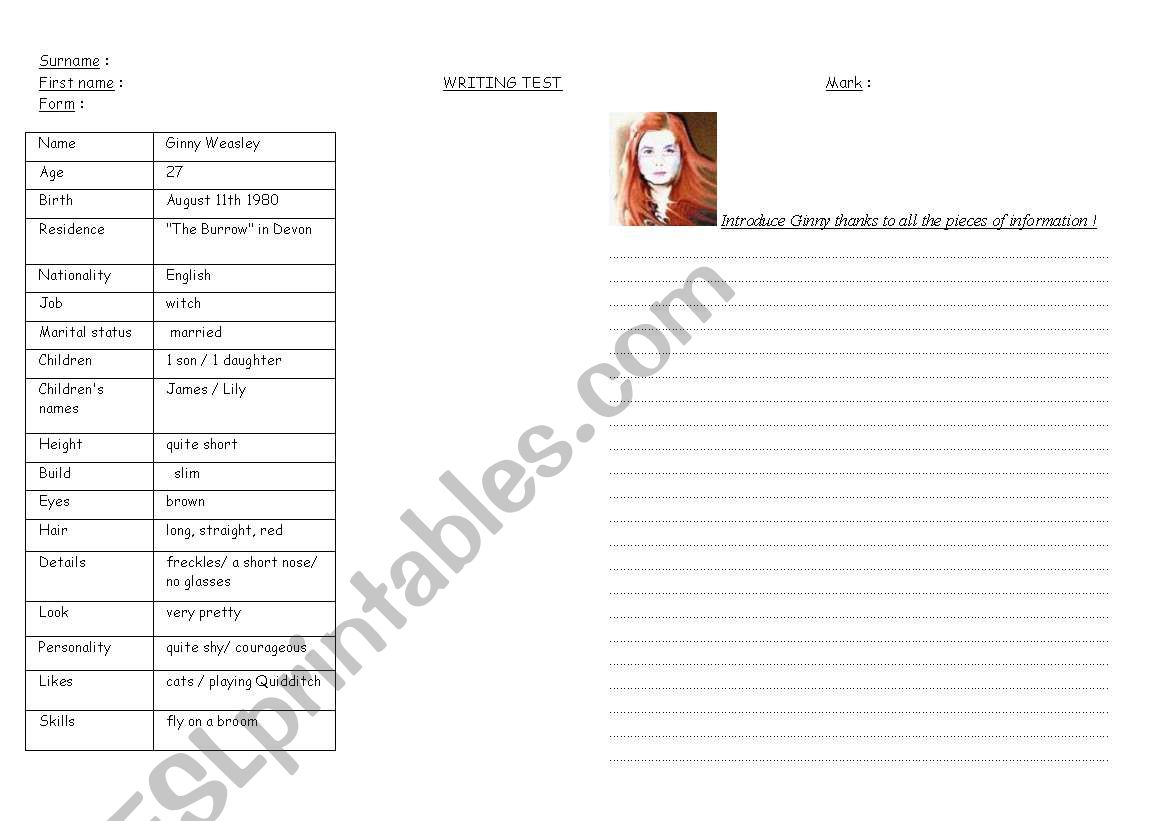 Writing about a character worksheet