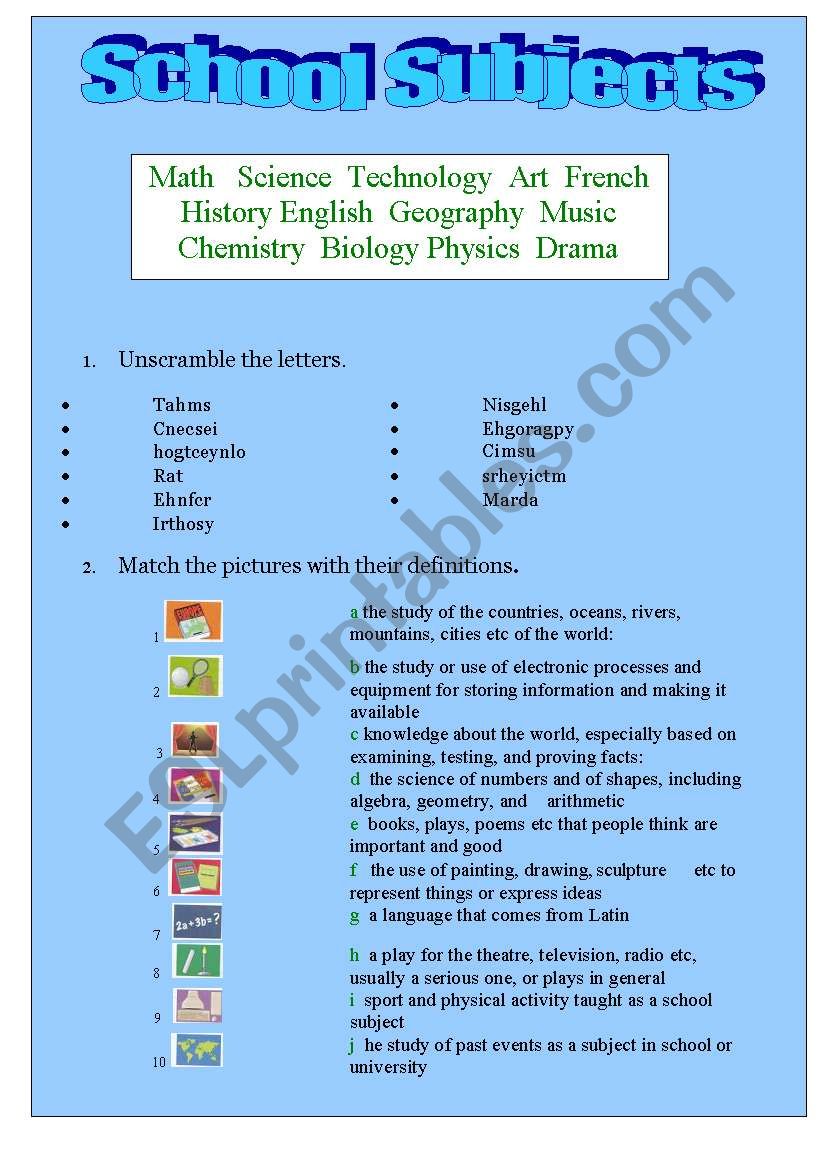 School Subjects worksheet