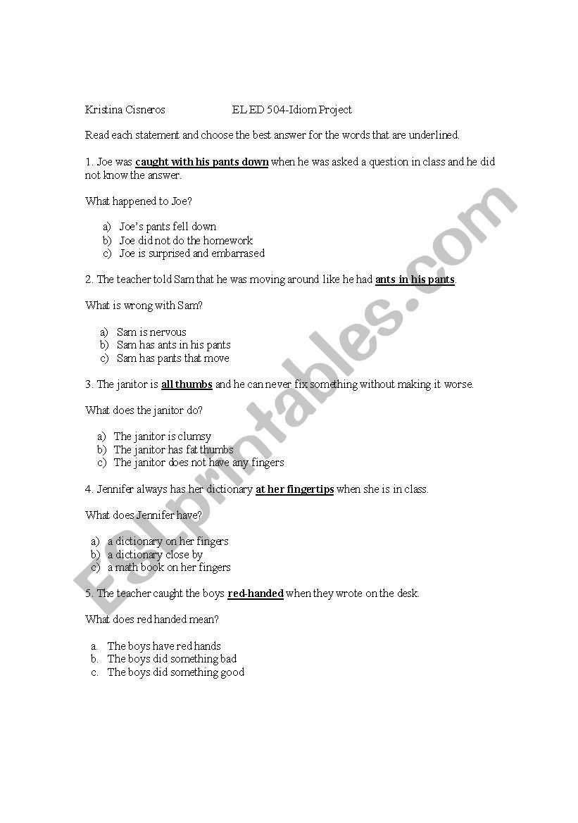 Idioms for ESL worksheet