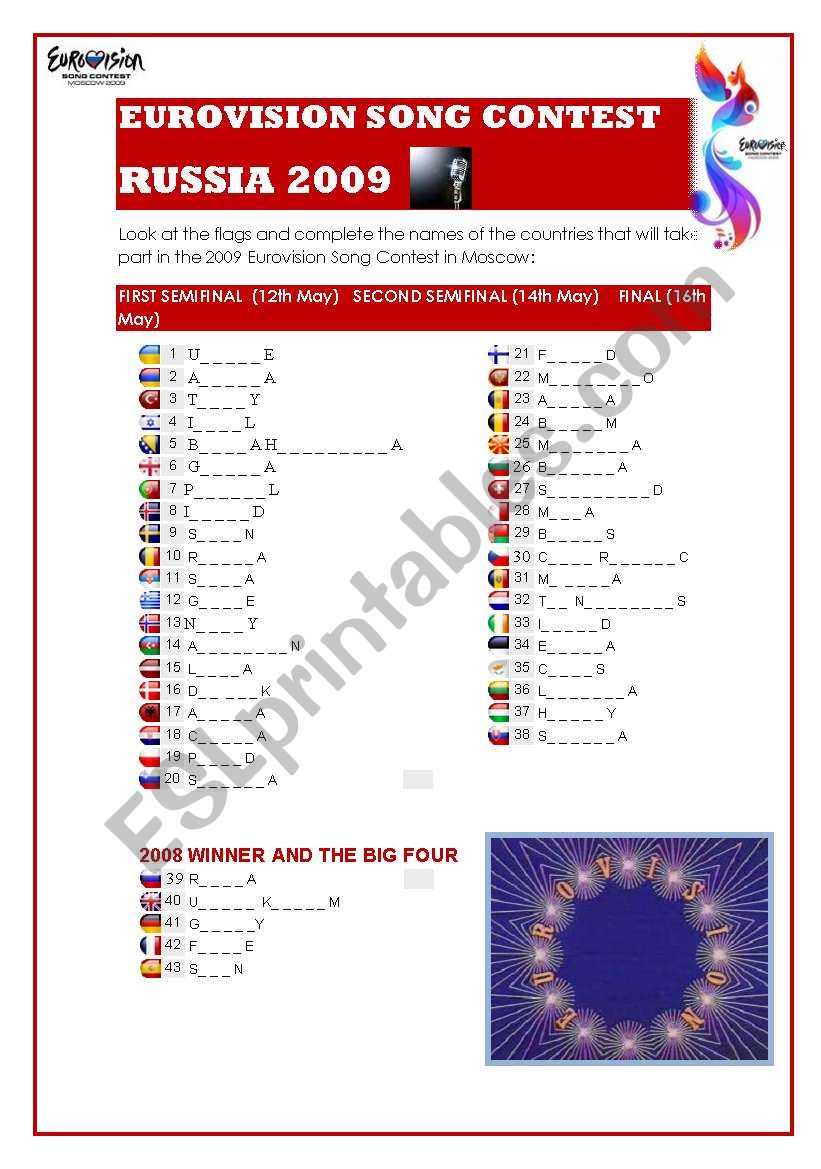 EUROVISION 2009: COUNTRIES WORKSHEET (with answer key)