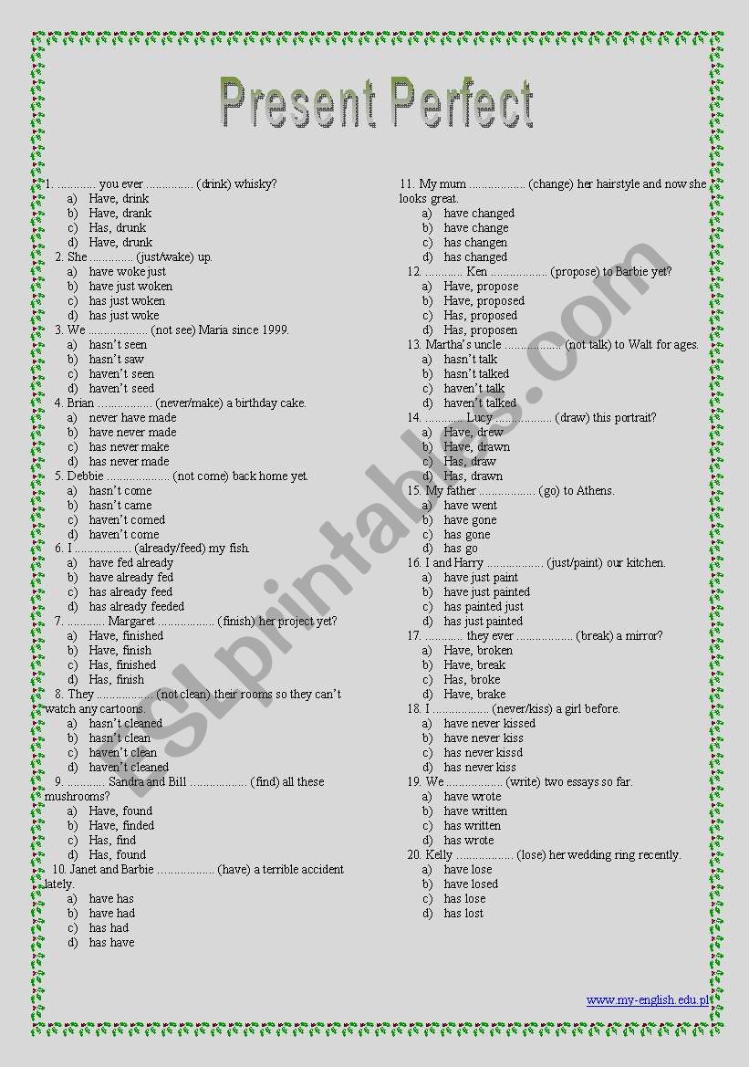 Present Perfect - a multiple choice test