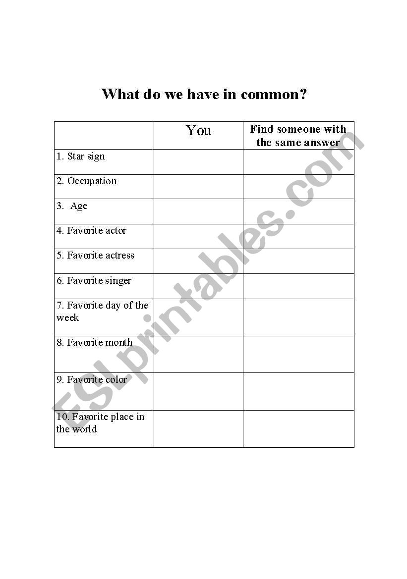 What do we have in common? worksheet