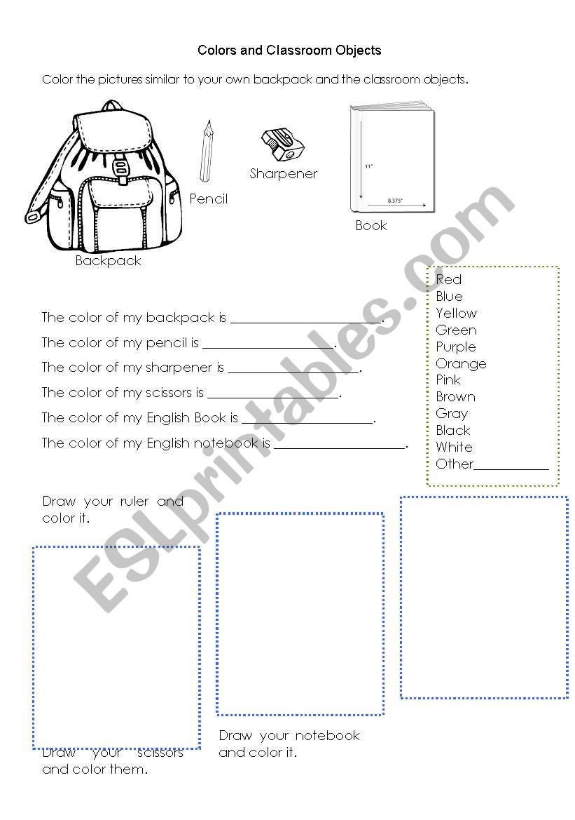 colors and classroom objects worksheet