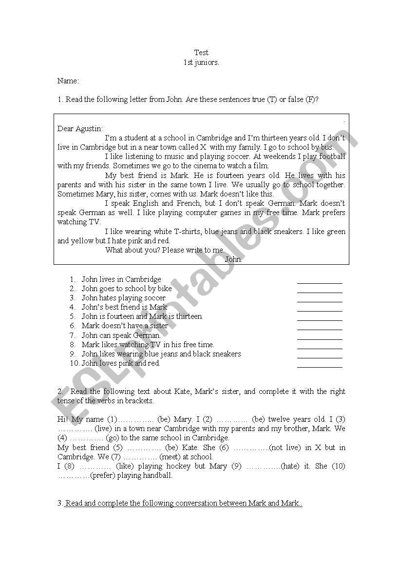 Test for 1st Junior worksheet