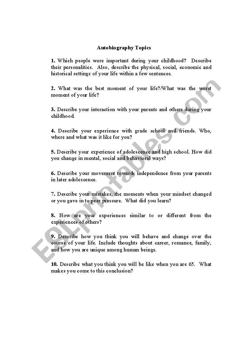 Autobiography Topics worksheet