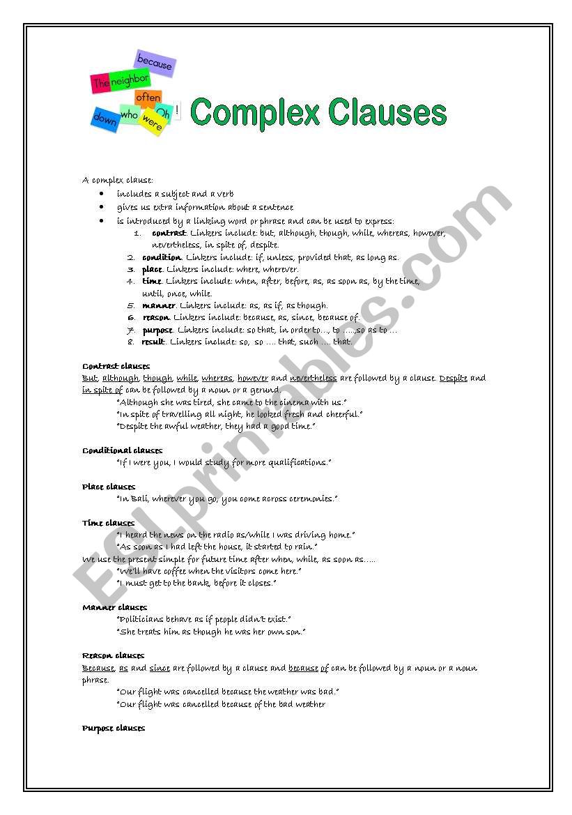 Complex Clauses ESL Worksheet By Neusferris