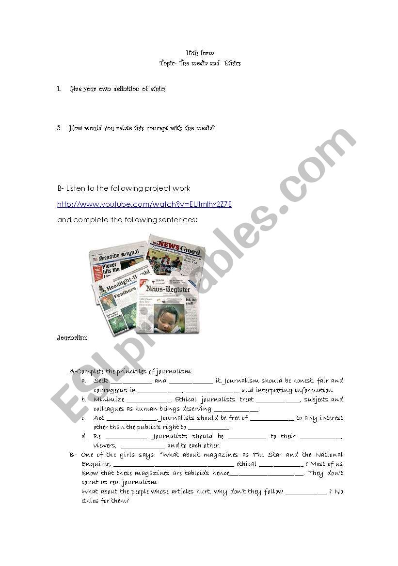 Media and ethics worksheet