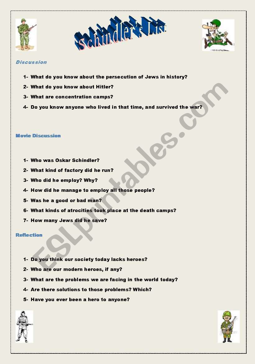 Schindlers List worksheet