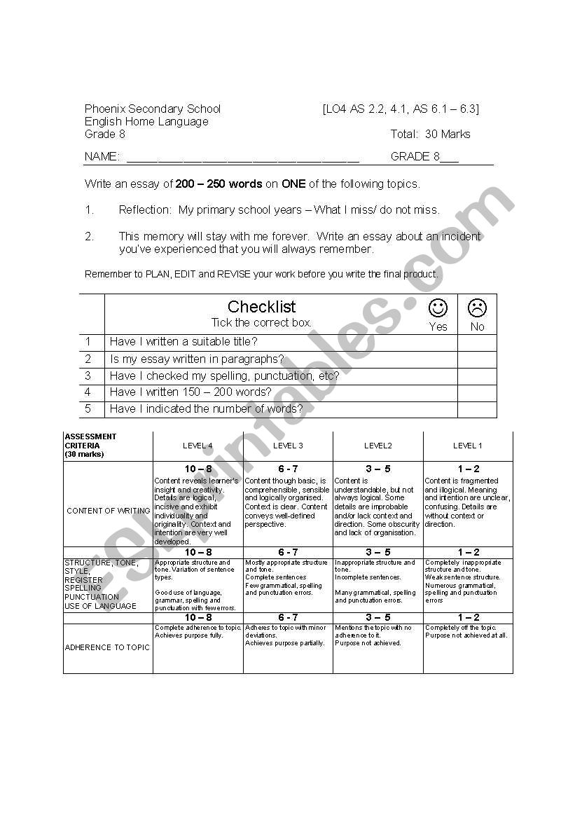 Creative Writing (Essay) - Memories, reflections - ESL worksheet