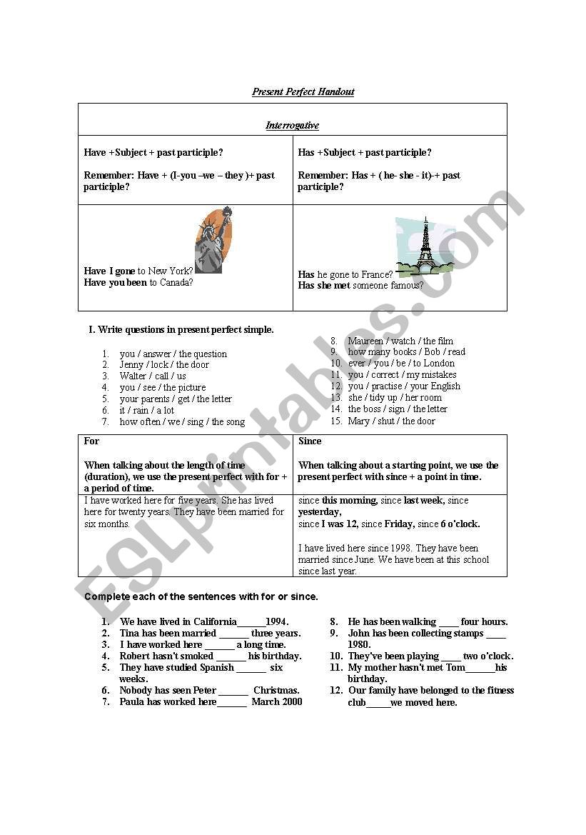 Present perfect interrogative worksheet