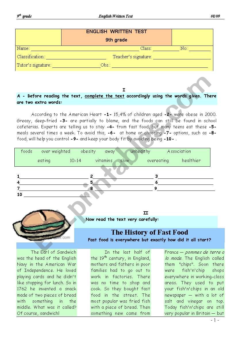 fast food worksheet