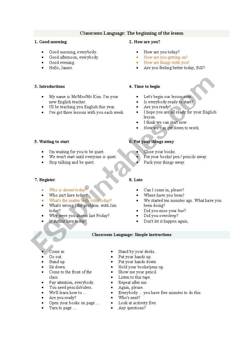 Useful classroom vocabulary worksheet