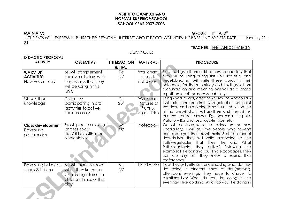 food,hobbies and sport worksheet