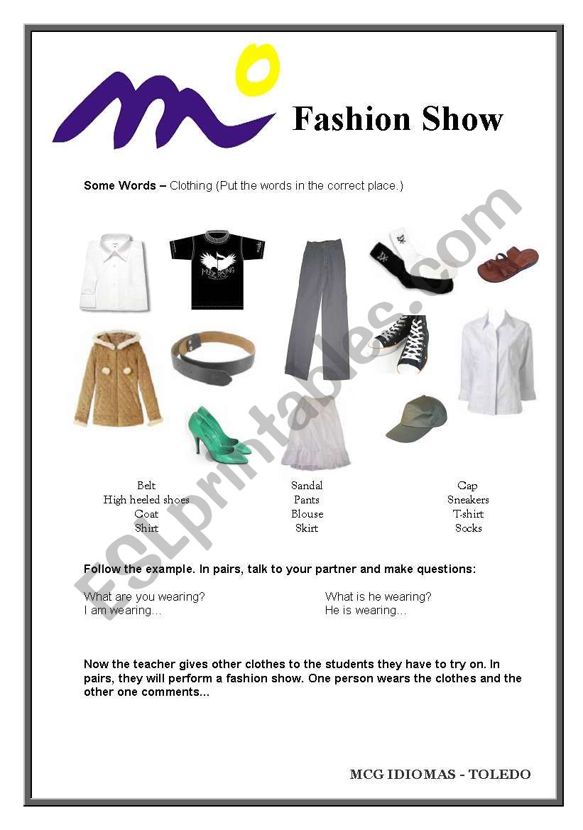 Fashion show worksheet