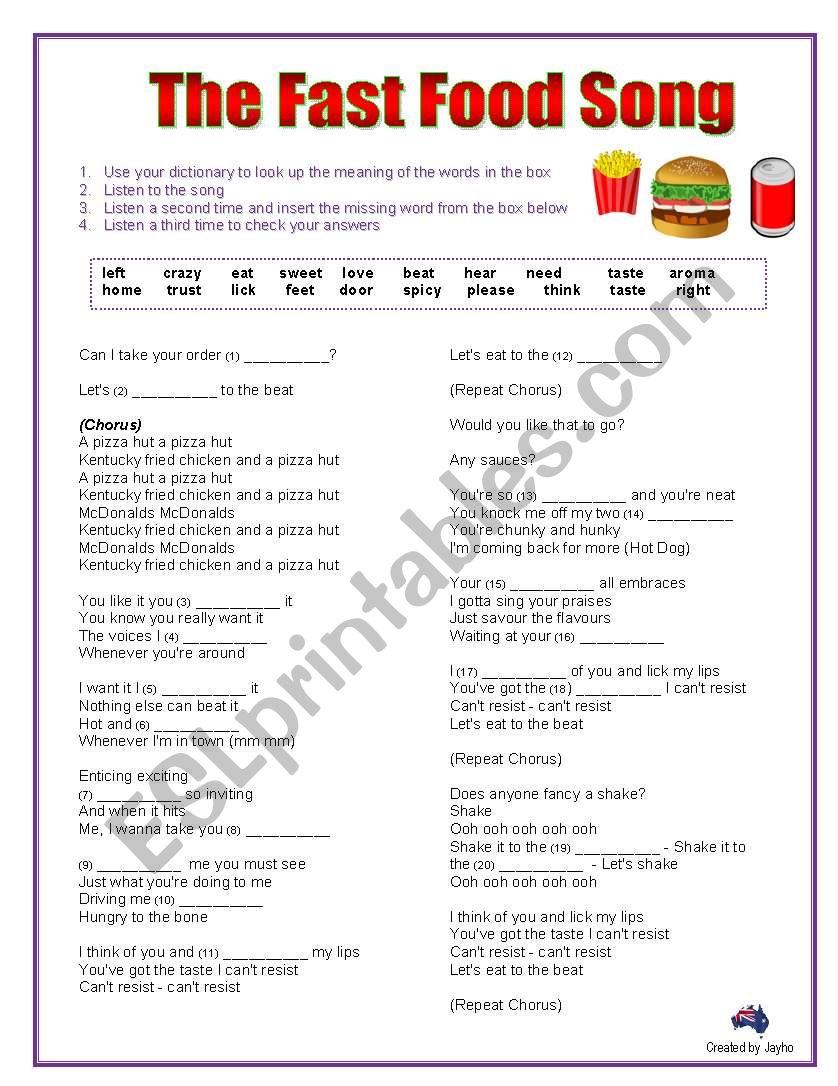 The FAST FOOD Song: cloze activity