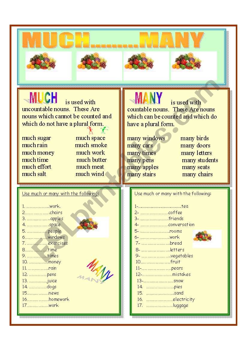 Much And Many Countable And Uncountable Nouns Esl Worksheet By Giovanni