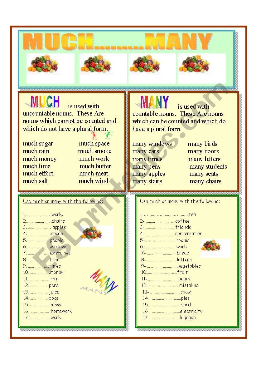 MUCH AND MANY COUNTABLE AND UNCOUNTABLE NOUNS