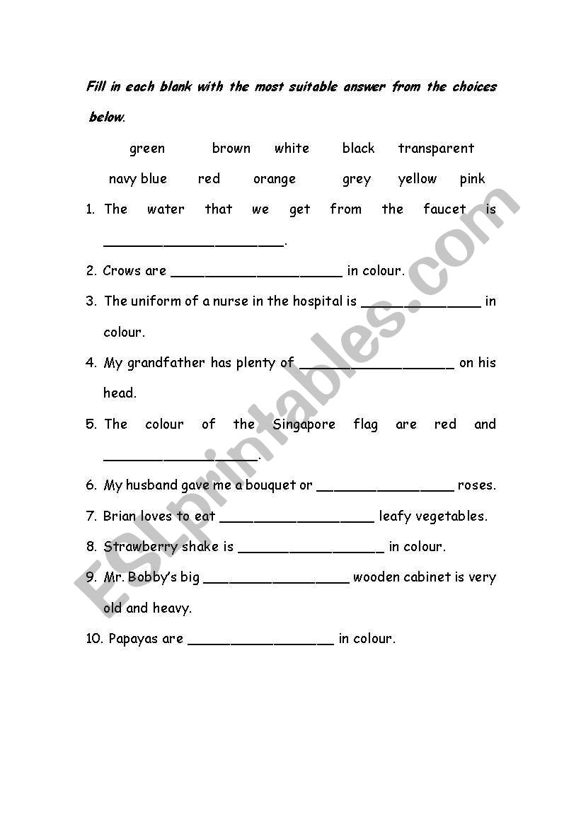 choose a colour for primary 1 worksheet