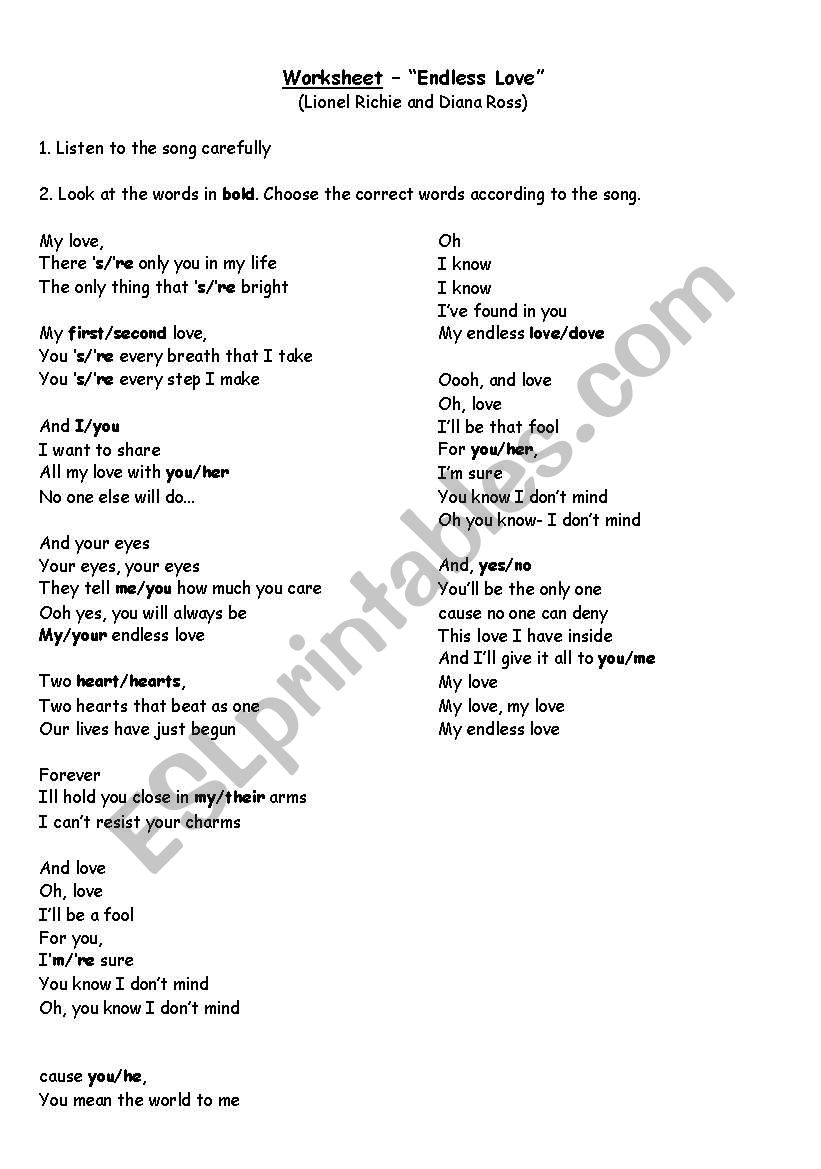 English worksheets: Endless Love (Lionel Ritchie and Diana Ross)