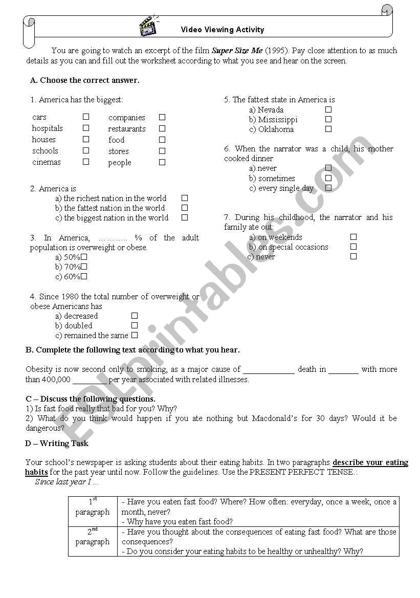 Super Size Me - Video Viewing Activities - ESL worksheet by cgaiato With Regard To Super Size Me Video Worksheet