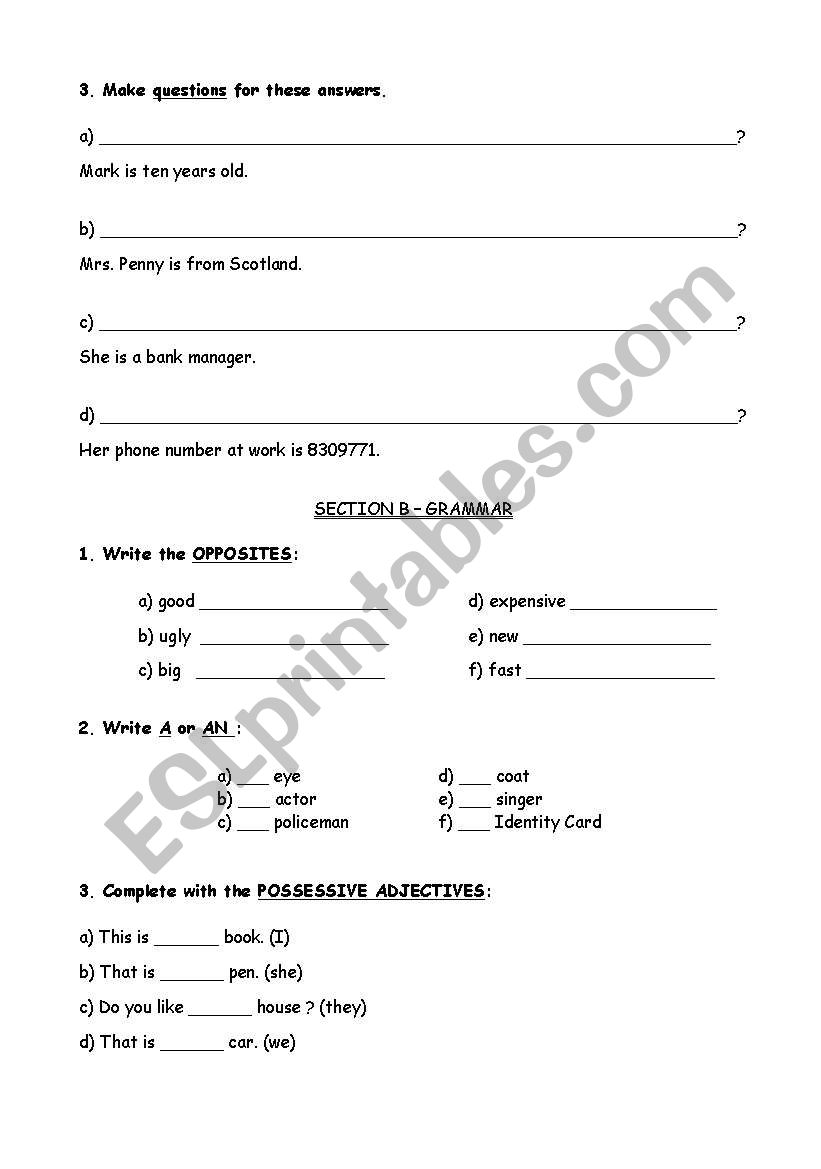 English Worksheet - 1st Level worksheet