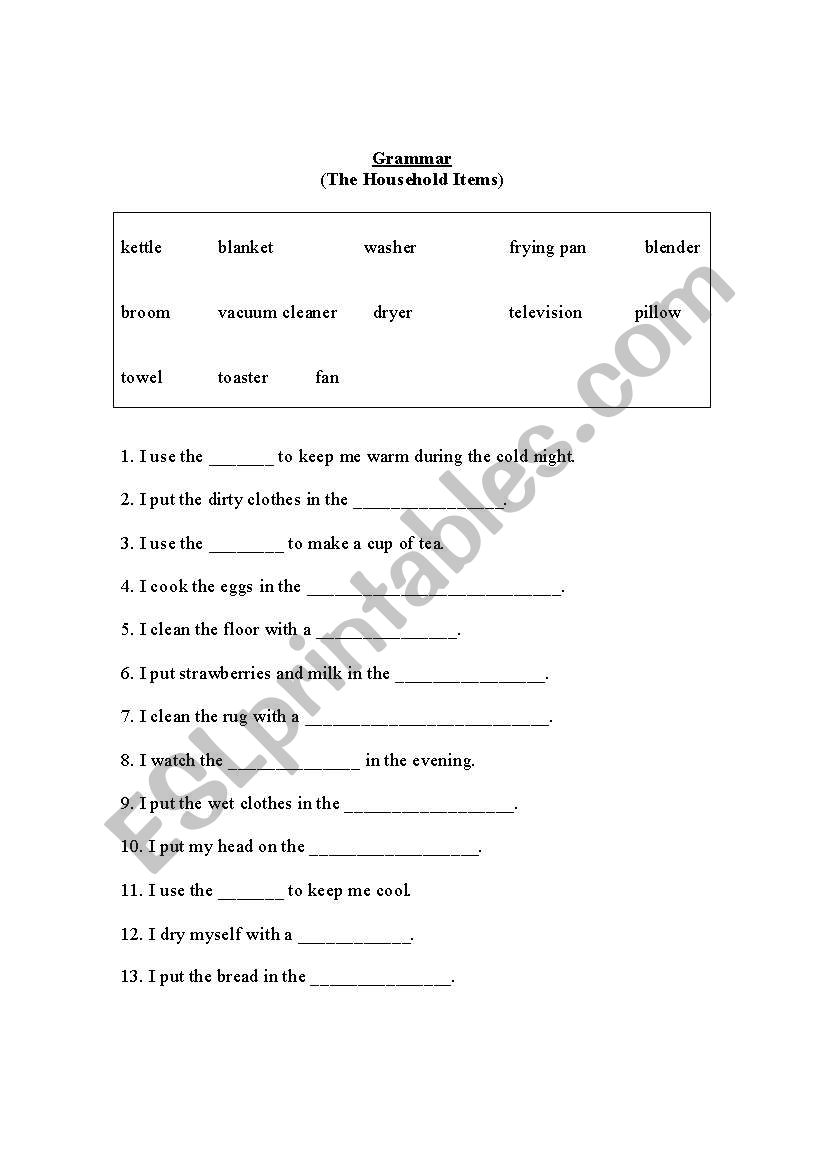 The Household Items worksheet