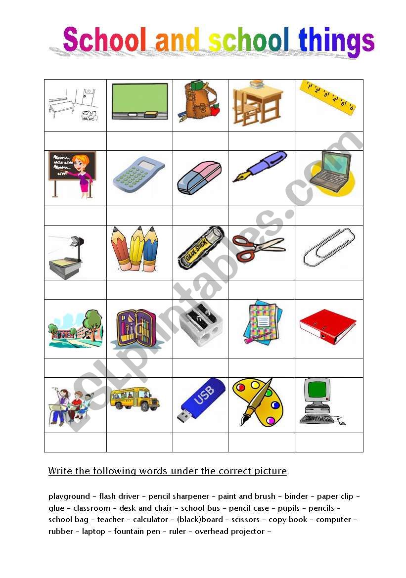 school and school things worksheet