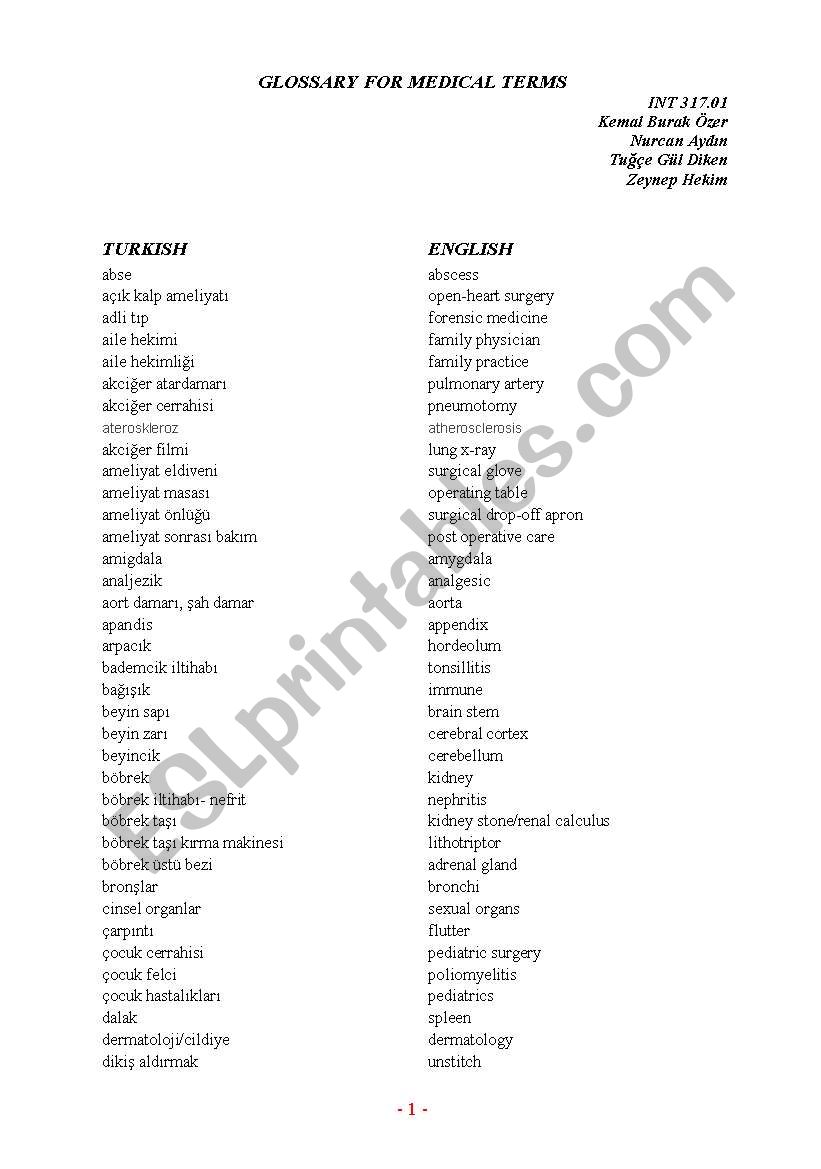 Glossary of Medical terms worksheet
