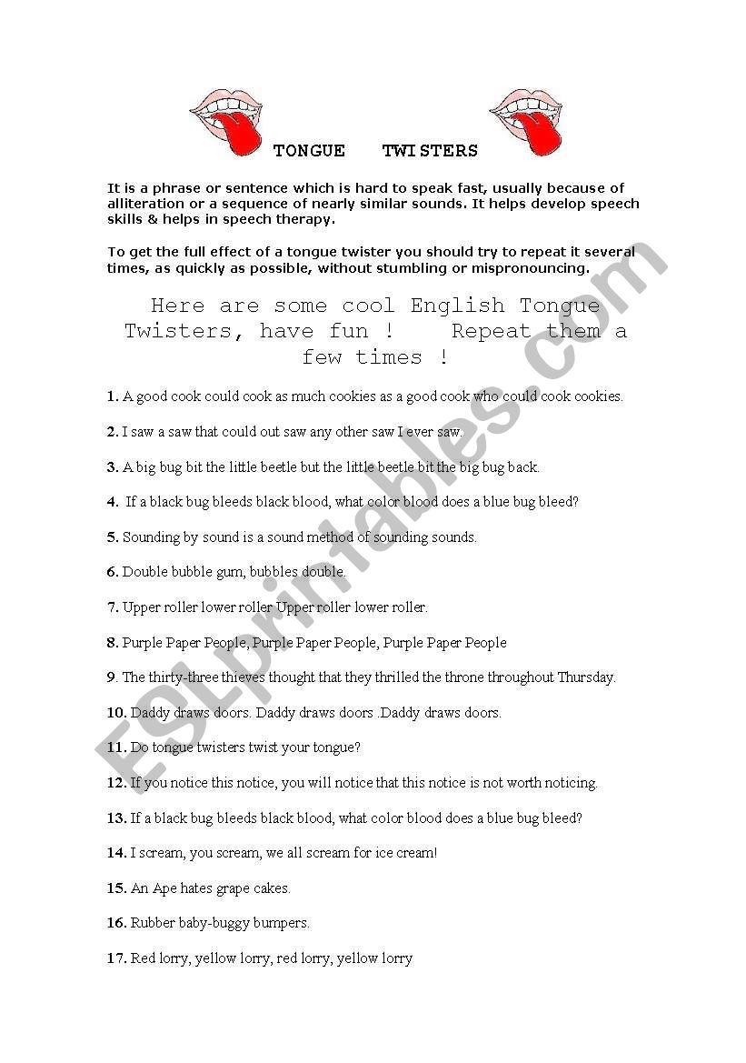 TONGUE TWISTERS worksheet