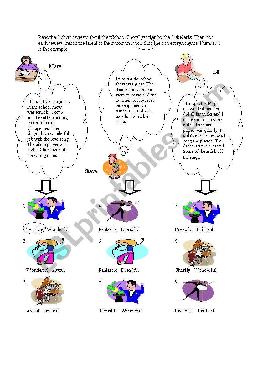 Reading and Synonyms worksheet