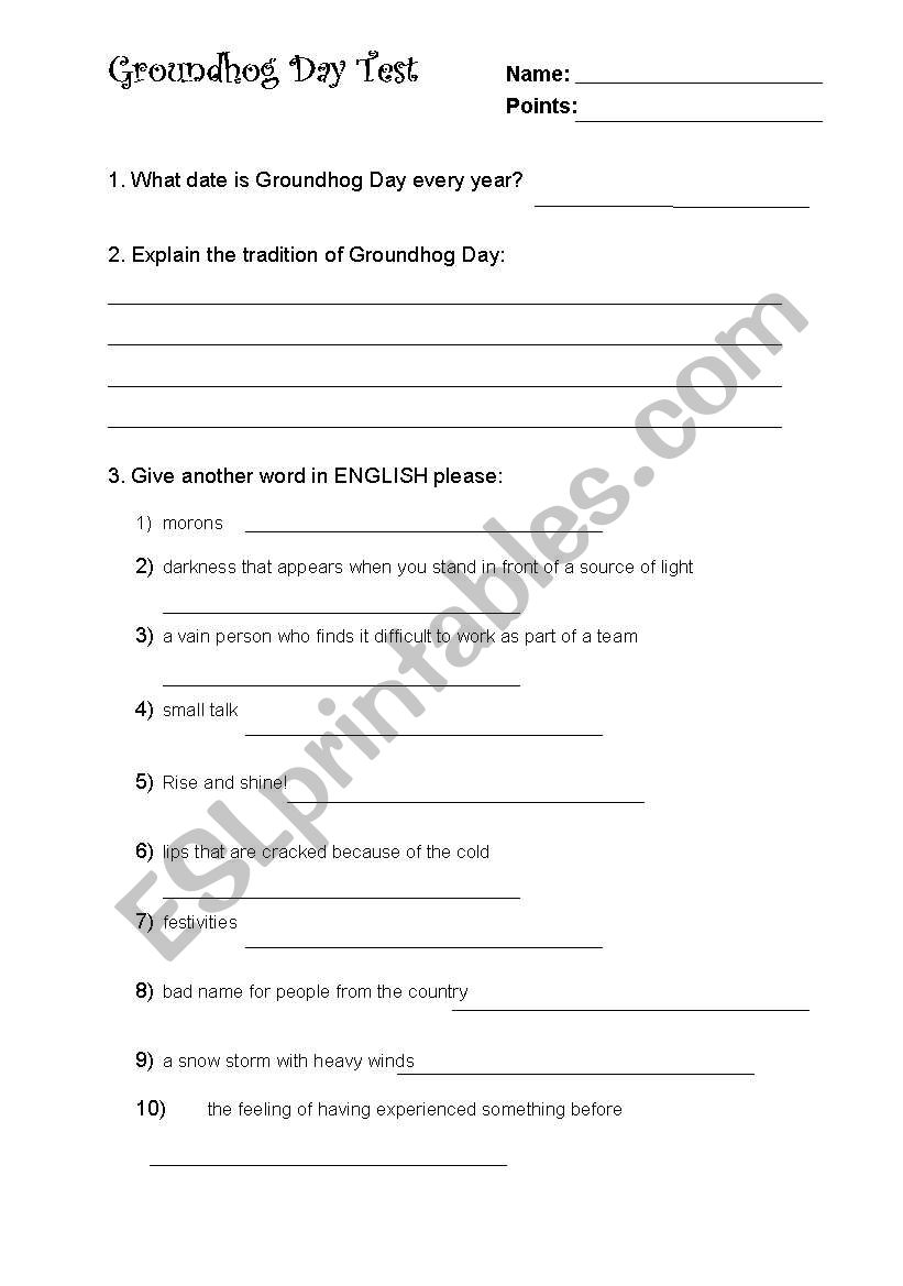 Groundhog Day Test worksheet